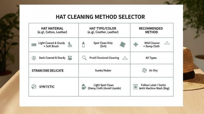 A decision tree diagram helping brands and manufacturers choose the correct cleaning method based on hat material, color, and structure.