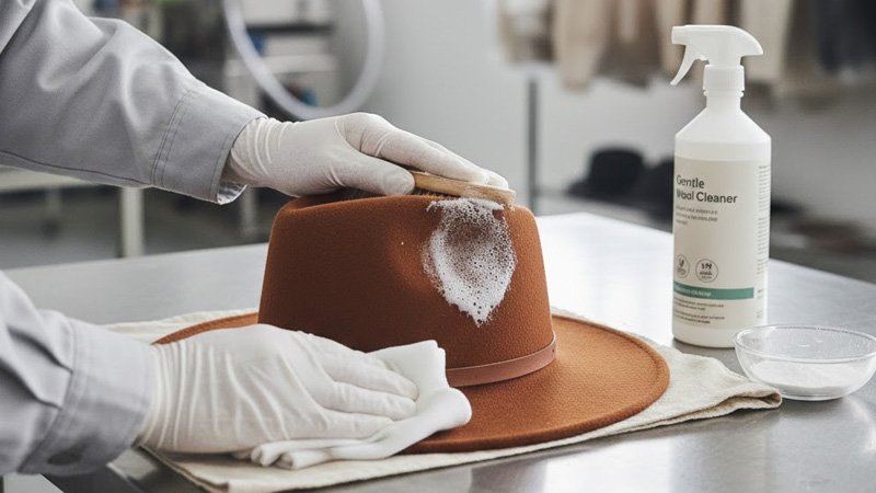 Professional dry cleaning of a wool felt fedora to preserve quality and prevent damage.
