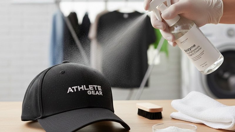 Cleaning a polyester performance cap using an enzyme-based detergent for sweat stains removal.