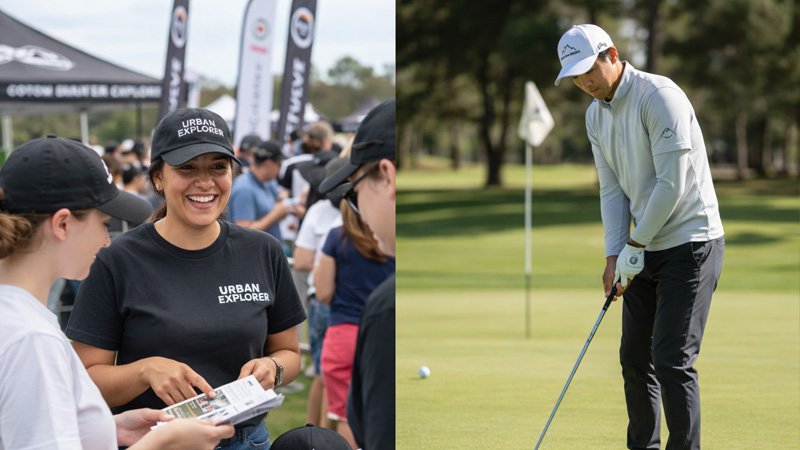 Custom hats worn for various purposes: a promotional baseball cap at an event and a sports hat on a golf course.