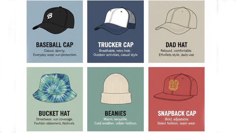 Chart showing popular custom hat styles: baseball cap, trucker hat, bucket hat, and dad cap.
