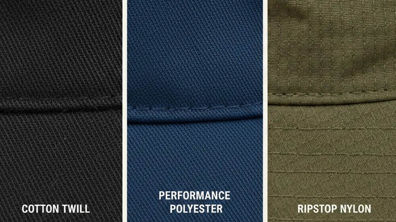 Close-up of various hat fabrics: cotton twill, polyester, and nylon showing texture and quality.