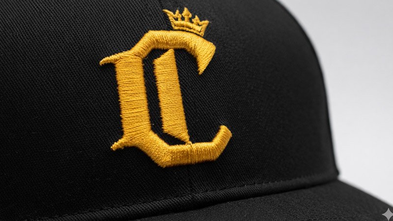 Close-up image showing detailed embroidery on a custom hat, including 3D embroidery on a logo.