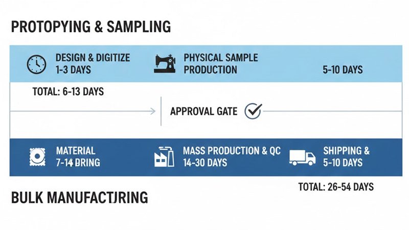 Infographic showing lead times for sampling versus bulk production of custom hats.