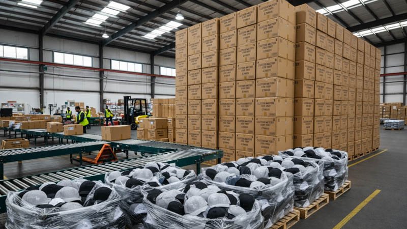 Image showing bulk production and packaging of custom hats ready for shipment.