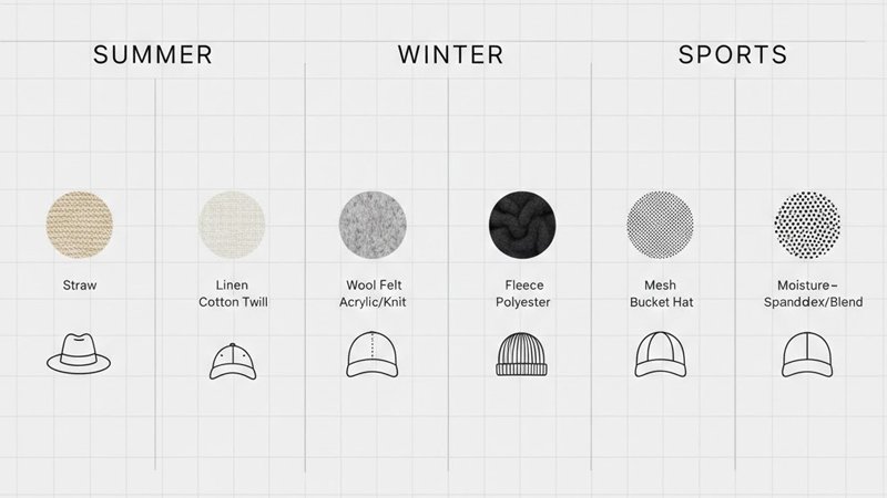 Quick selector infographic for hat materials by season: summer, winter, and sports use cases