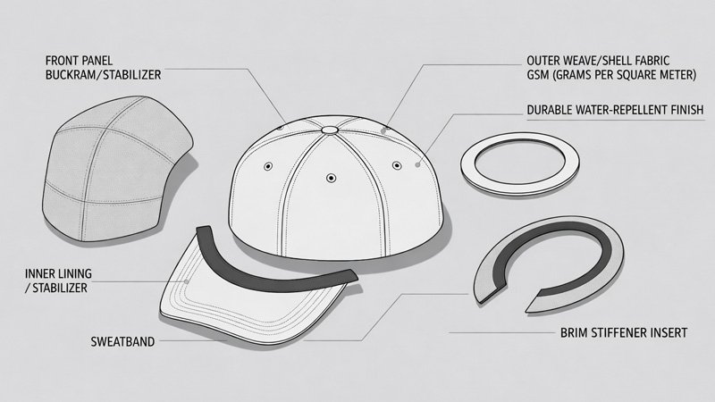 Hat construction diagram showing sweatband, lining, buckram, brim stiffener, and fabric weave options