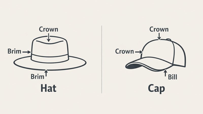 Illustration showing the difference between a hat brim and a cap bill with labeled parts