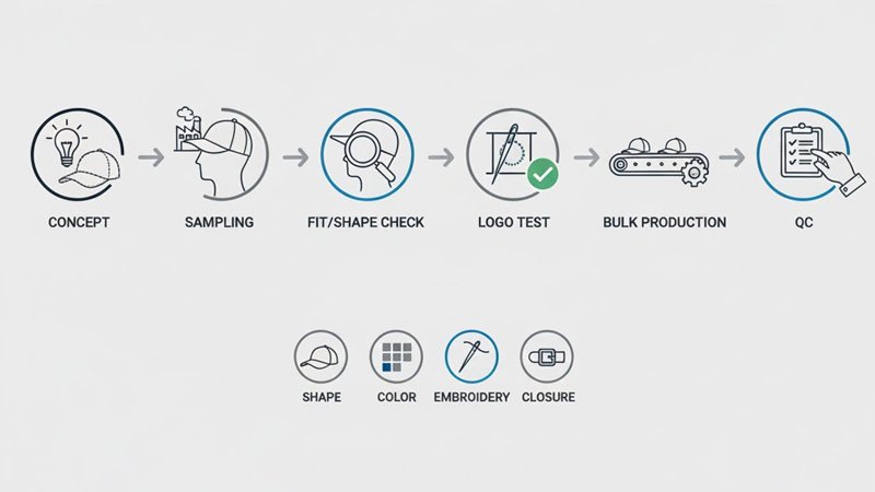 Checklist infographic for brands covering sampling, shape control, logo clarity, materials, and quality checkpoints