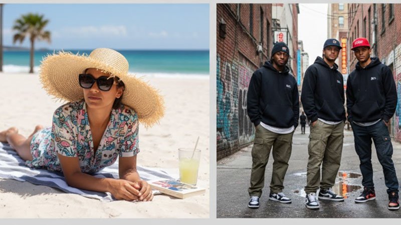 Four lifestyle scenes showing when to wear hats versus caps for events, travel, daily wear, and streetwear