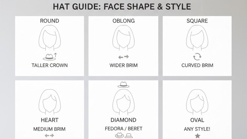 Quick guide to hats for face shapes showing best brim and crown for oval, round, square, heart, oblong, and diamond faces