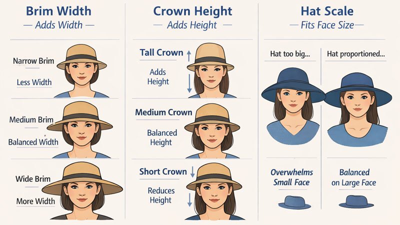 Brim width crown height and hat proportions explained with visual examples of how hat shape changes facial balance