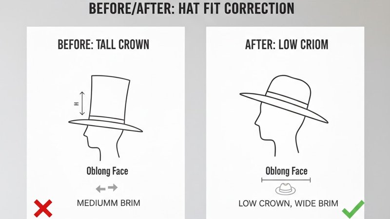 Common hat mistakes and fixes showing before and after examples of brim and crown adjustments for face shape balance