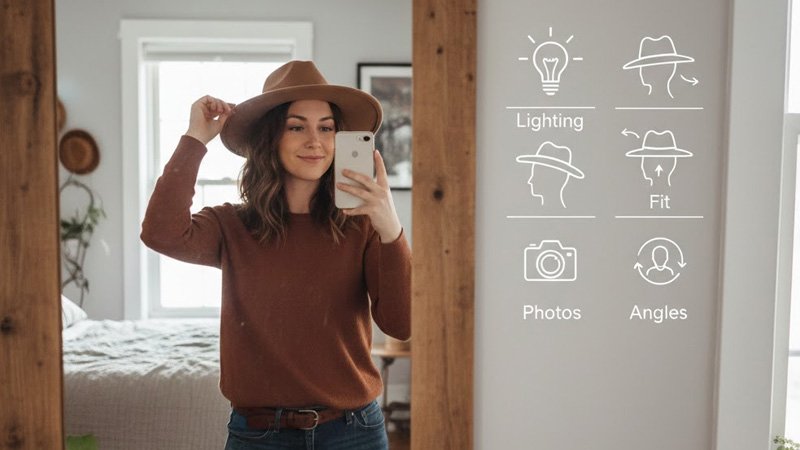 Trying on hats checklist showing mirror lighting fit test and photo angles to find a flattering hat