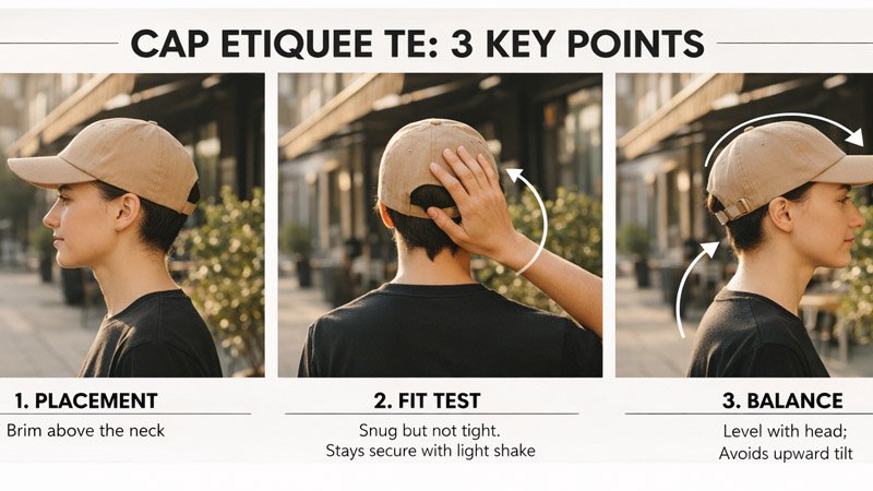 Backwards cap fit checklist showing correct placement above the neck, secure fit, and centered balance