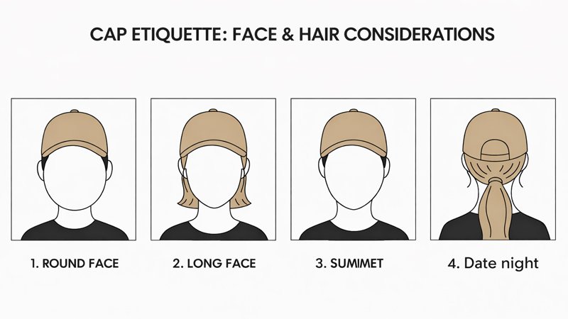 Guide showing how backwards caps flatter different face shapes and hairstyles, including round faces and ponytails