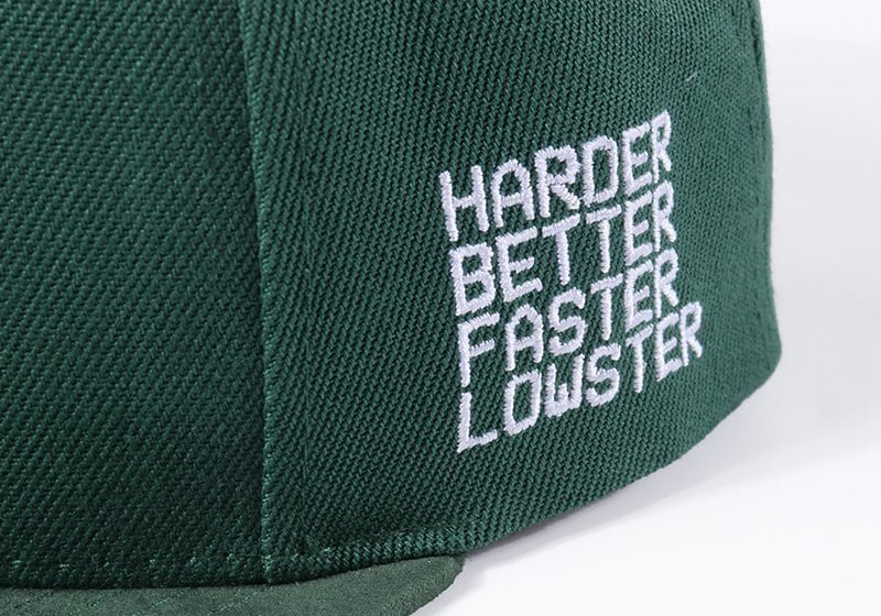 Green hip-hop snapback cap with flat embroidery logo on front panel