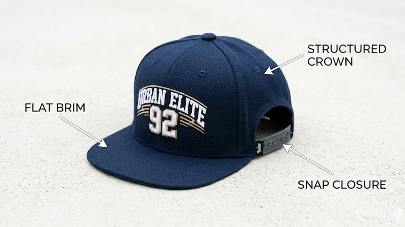 Snapback hat anatomy showing flat brim, structured crown, and adjustable snap closure
