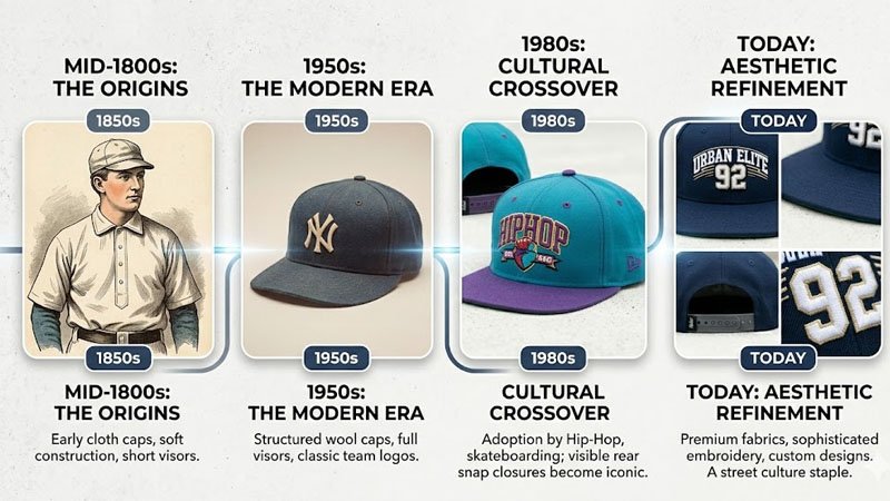 Visual timeline of snapback hat evolution from early baseball caps to modern streetwear styles