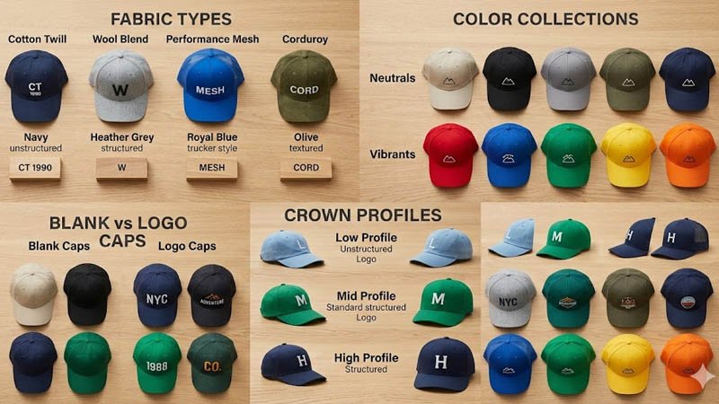 Different snapback hat options by material, color, and logo style for choosing the right cap