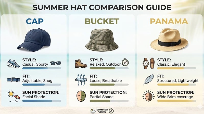 Visual guide showing different men’s summer hat styles for choosing by style fit and sun protection