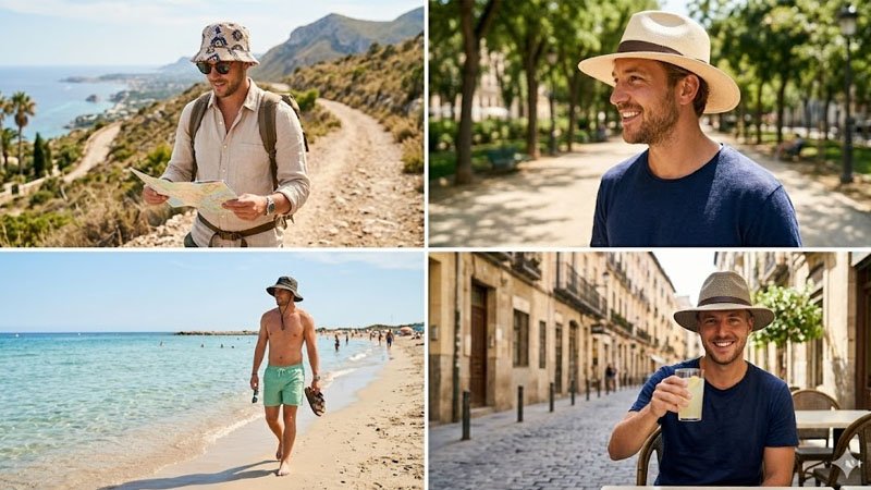 Man wearing a summer hat outdoors in sunny weather for shade comfort and sun protection