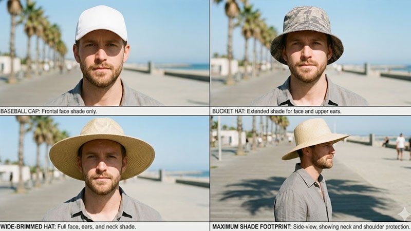 Comparison of sun coverage from baseball cap bucket hat and wide brim summer hat for men