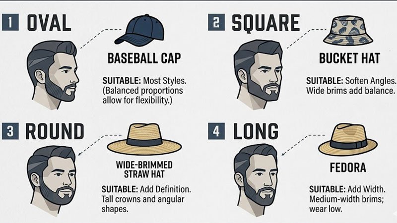Men’s face shape guide for choosing summer hats including round oval square and oblong face shapes