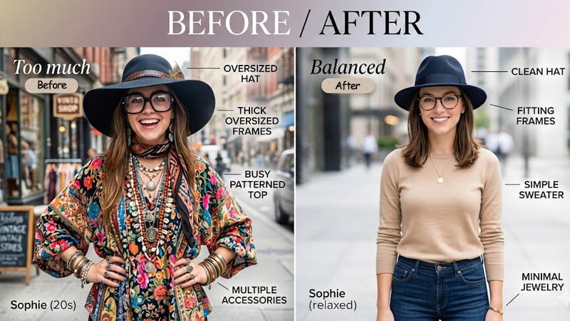 comparison of overstyled vs balanced hat and glasses look for men