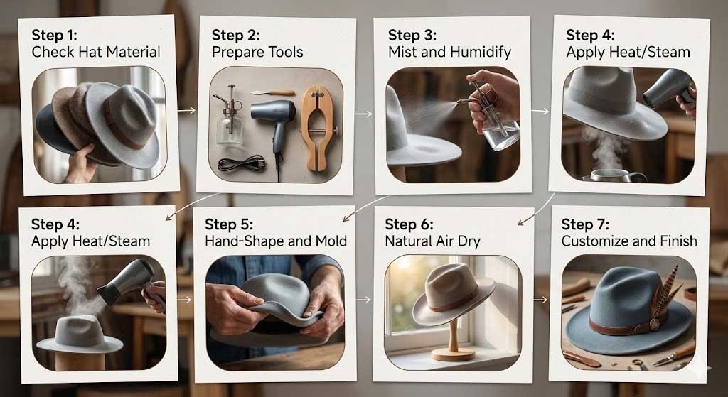 Step-by-step hat brim shaping DIY