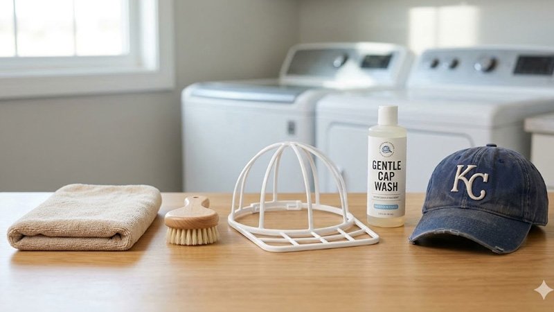 Supplies needed to wash a hat including hat cage detergent soft brush and towel