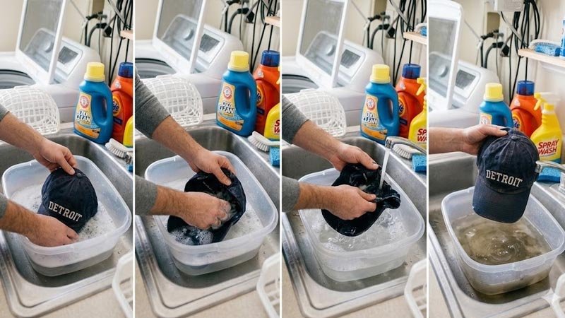 Hand washing a baseball cap in lukewarm water with mild detergent