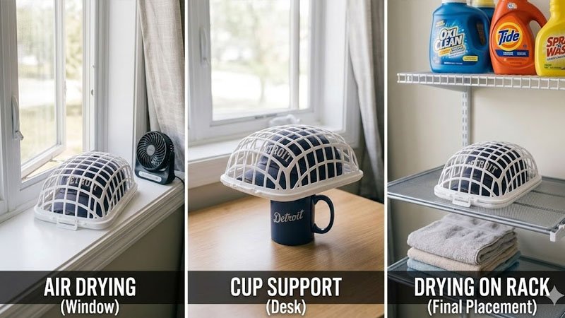 Air drying a baseball cap in a hat cage to maintain its original shape