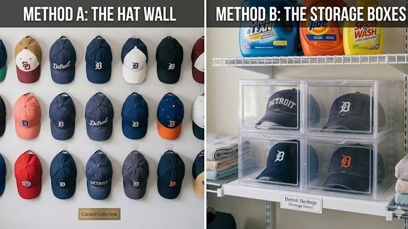 Proper hat storage using hat rack to keep caps in perfect shape