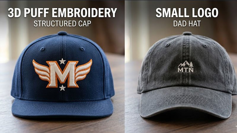 custom embroidered structured cap with 3D puff logo vs minimalist unstructured hat branding