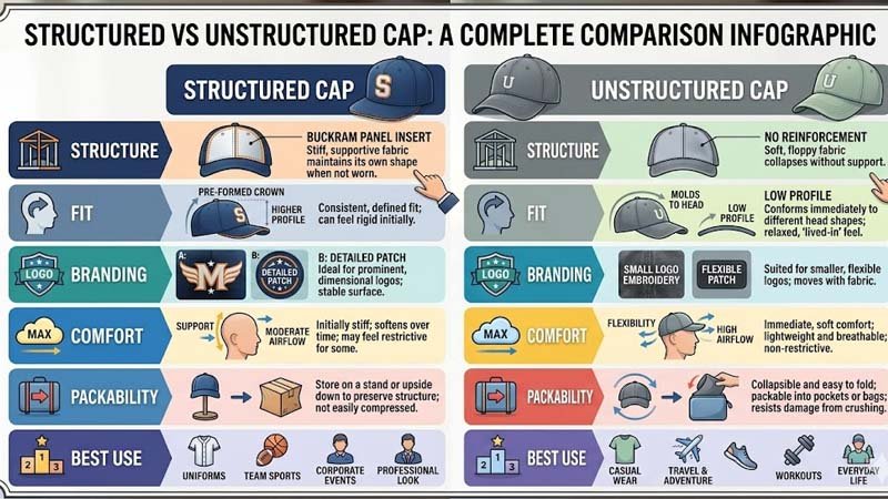 structured vs unstructured hats comparison infographic for custom cap buyers