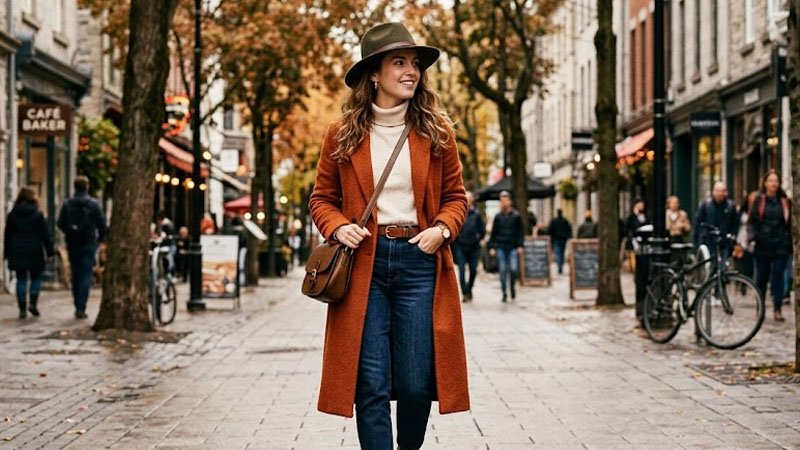 Woman styling her outfit with a fashionable hat in an everyday urban look