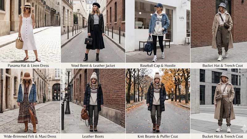 Comparison of popular women’s hat types including baseball cap, bucket hat, fedora, and beret