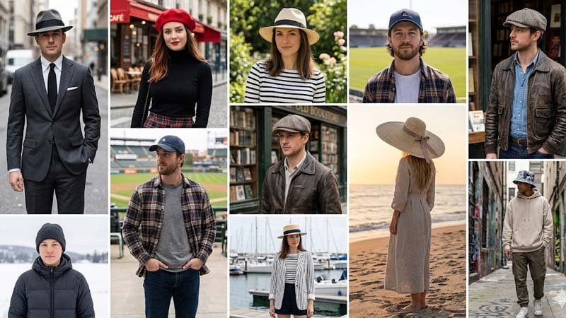 Popular women’s hat types shown in a collage of casual, elegant, and seasonal styles