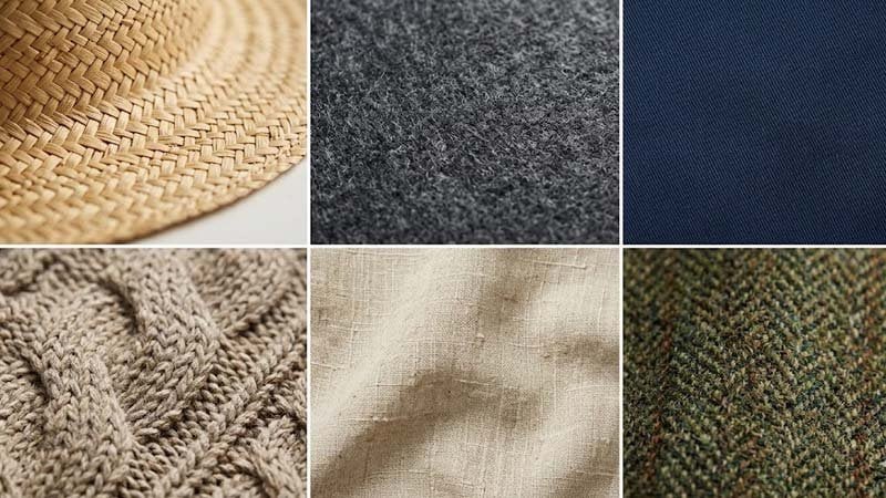Common hat materials including straw, cotton, wool felt, and knit fabrics for women’s hats