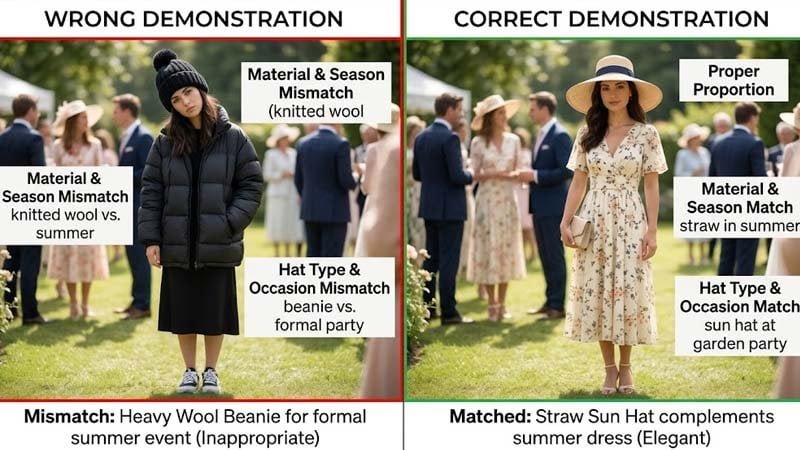 Examples of common hat styling mistakes and better alternatives for women