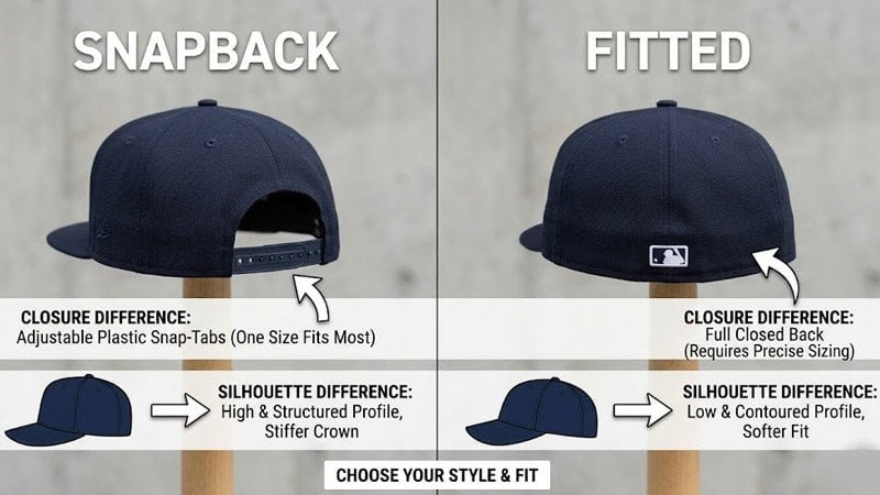 Visual comparison of snapback and fitted hats showing fit, closure, and structure differences