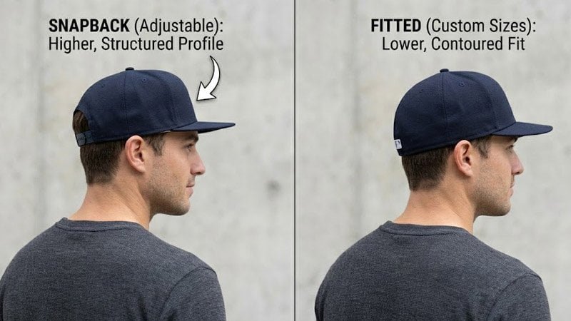 Model wearing snapback and fitted hats to compare fit comfort and head shape appearance