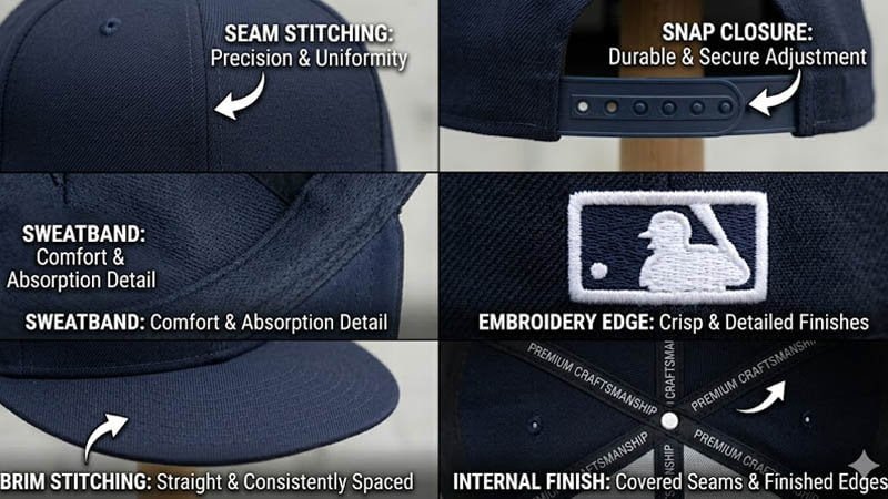 Close-up details of cap stitching snap closure and embroidery for durability comparison
