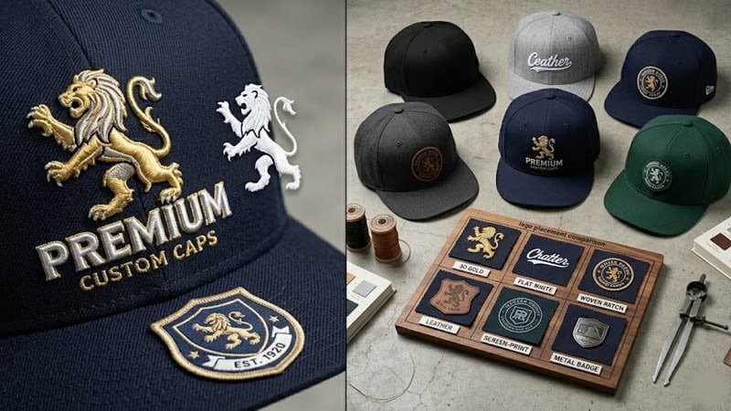 Custom snapback and fitted hats with embroidery patch and branding details