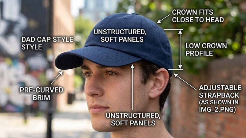 low profile baseball cap close fitting crown casual dad cap style