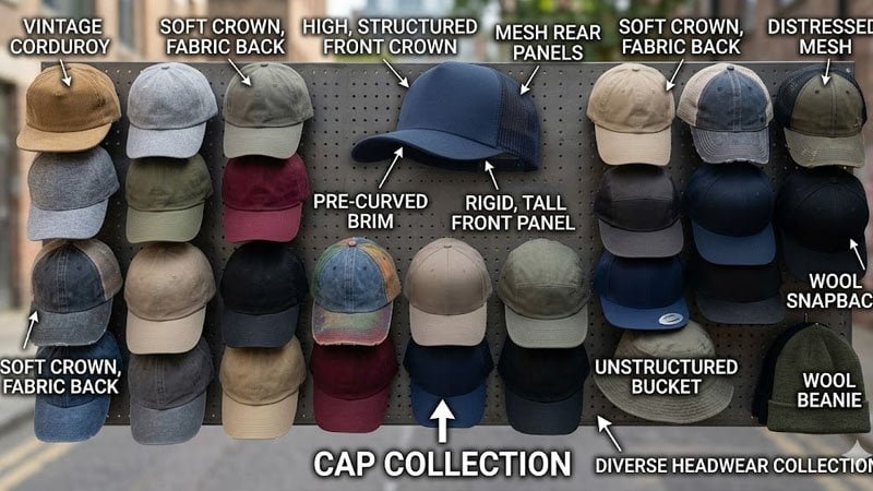 collection of different baseball cap styles low mid high profile