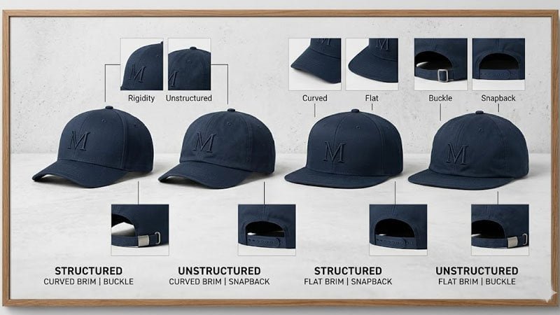 Different baseball cap structures, brim shapes, and closures