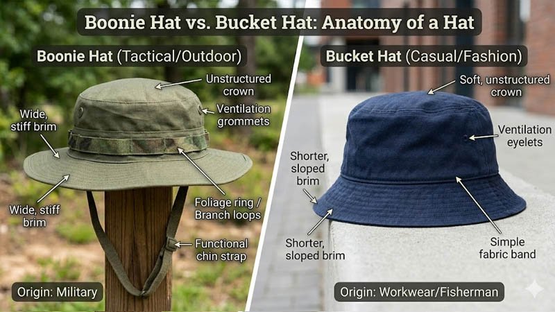 Quick comparison image showing the structure differences between a boonie hat and a bucket hat