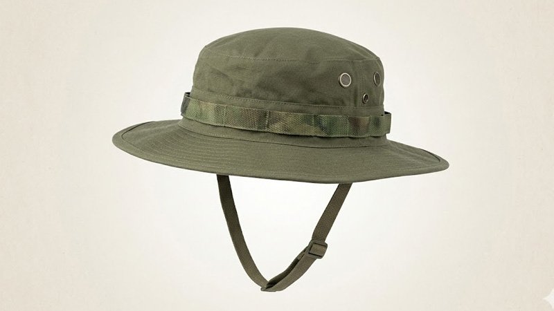 Wide brim boonie hat with chin strap and ventilation eyelets for outdoor use
